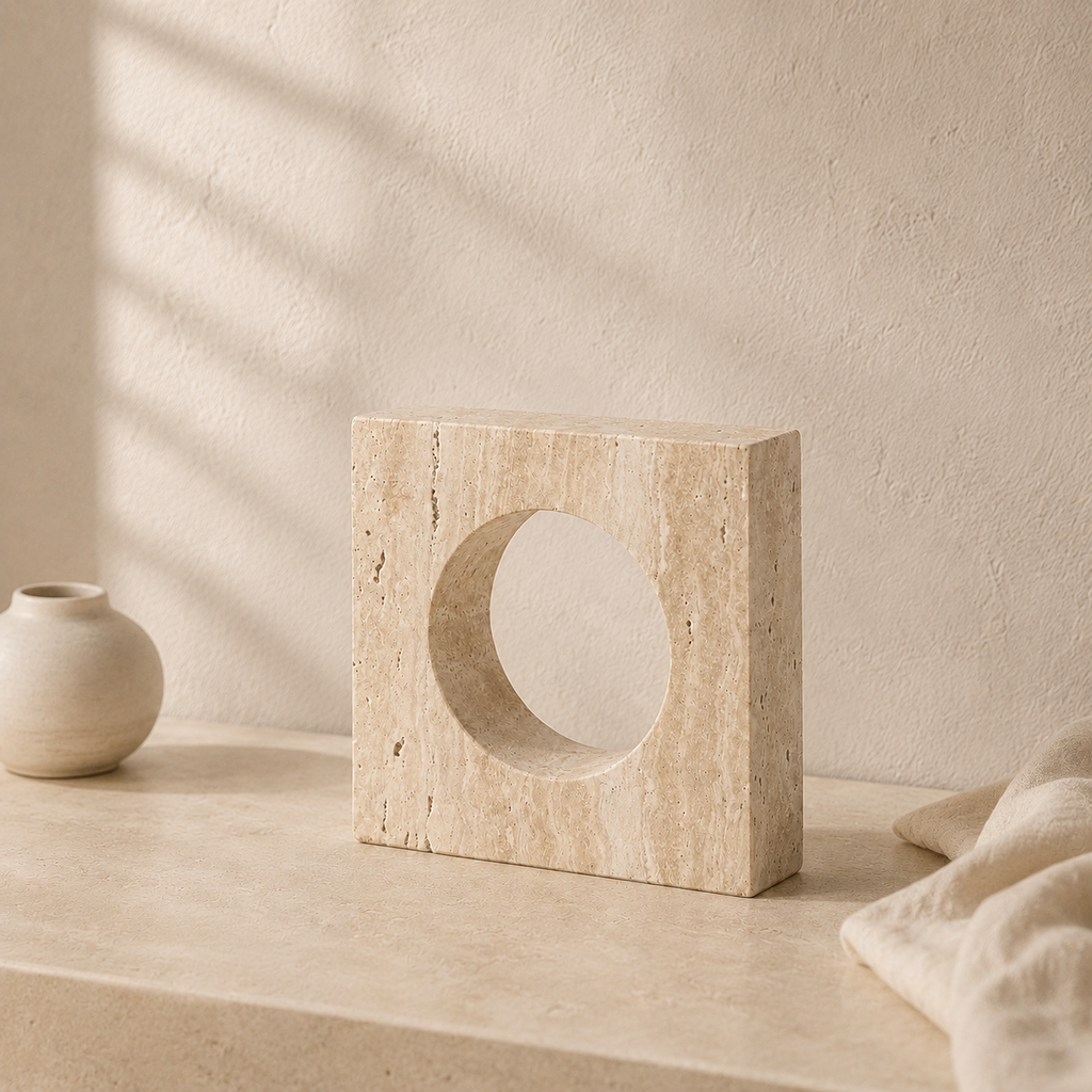 Yellow travertine Oculus showing warm saturation and the circular opening cut through the stone