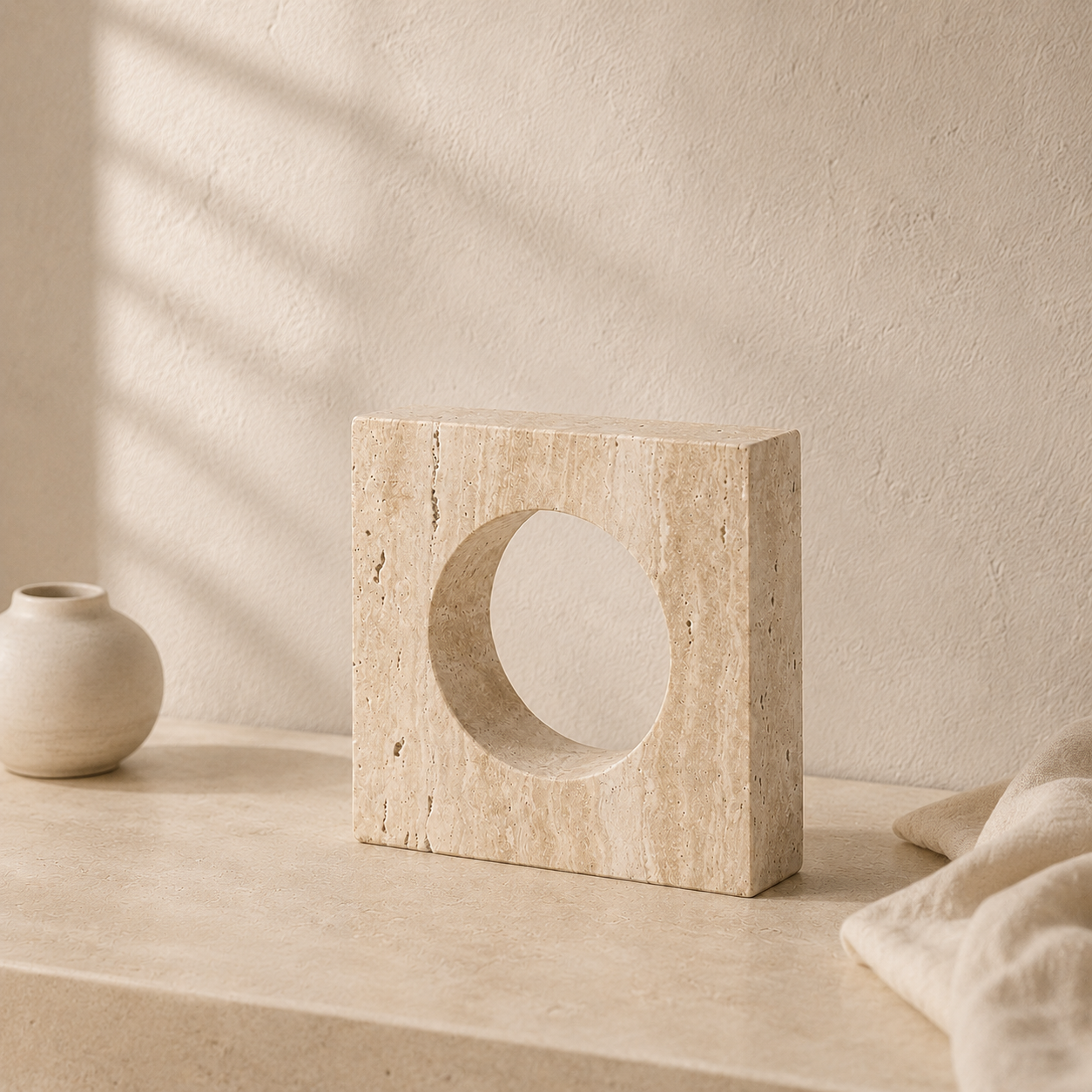 Yellow travertine Oculus showing warm saturation and the circular opening cut through the stone
