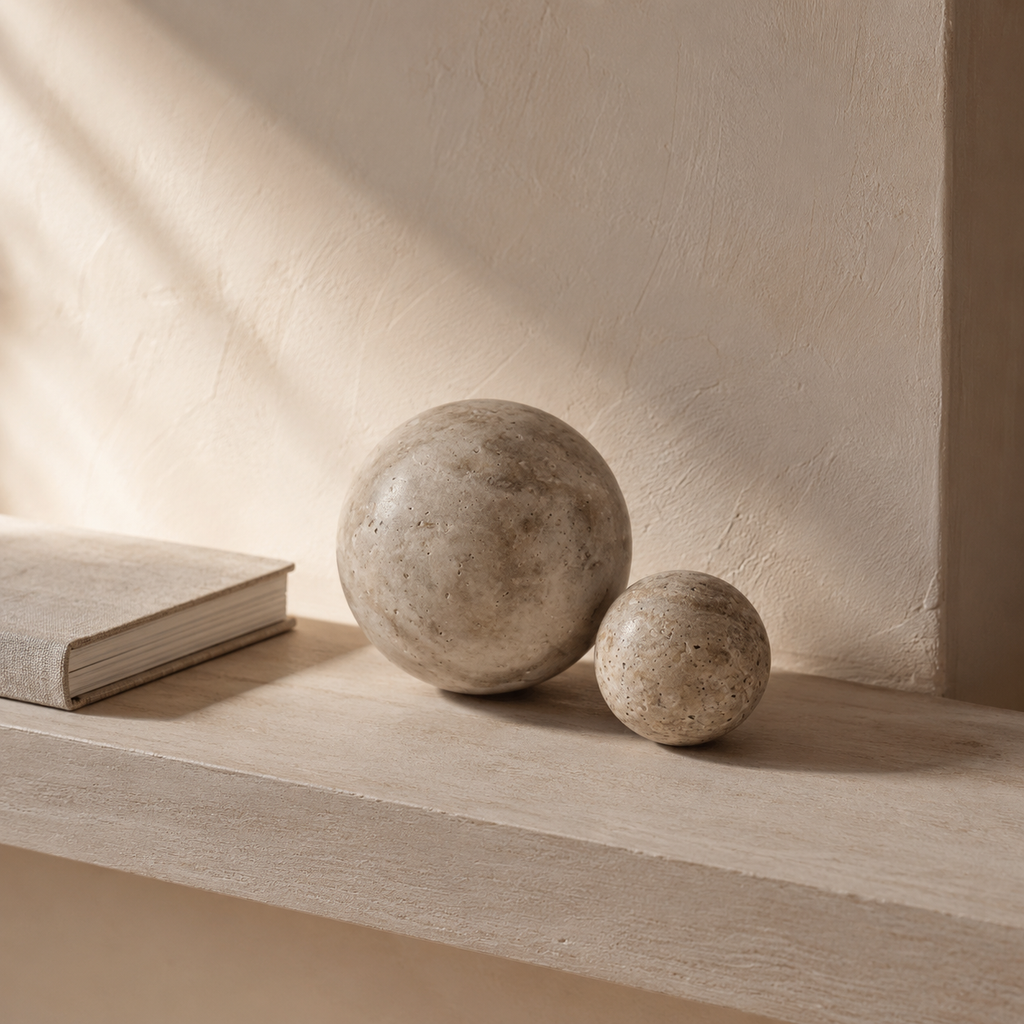Silver-grey travertine Newel spheres with quiet mineral variation and open-pore texture
