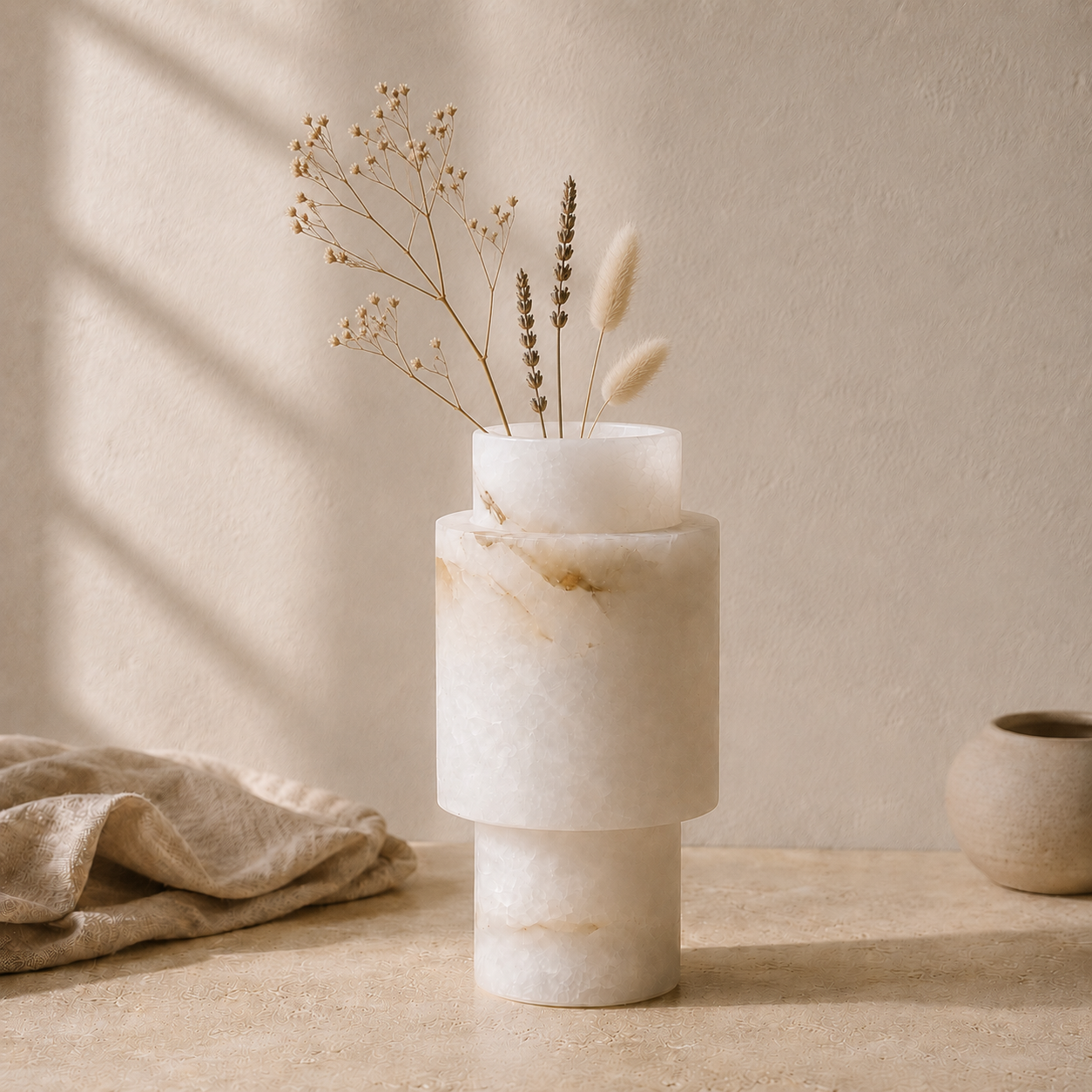 Spanish alabaster Reveal vase showing translucent rim and natural veining detail