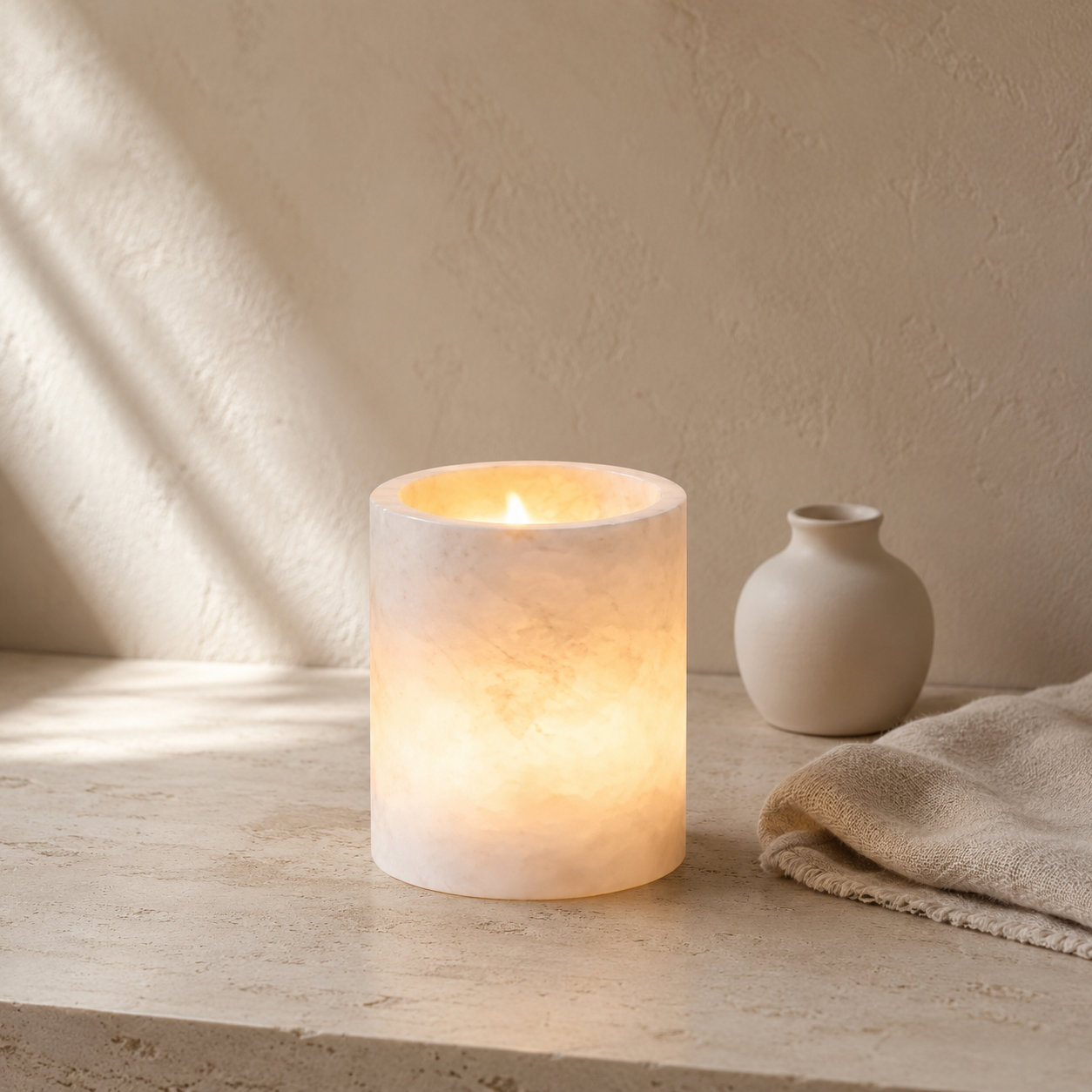 Spanish alabaster Vesper showing translucent veining and warm interior glow