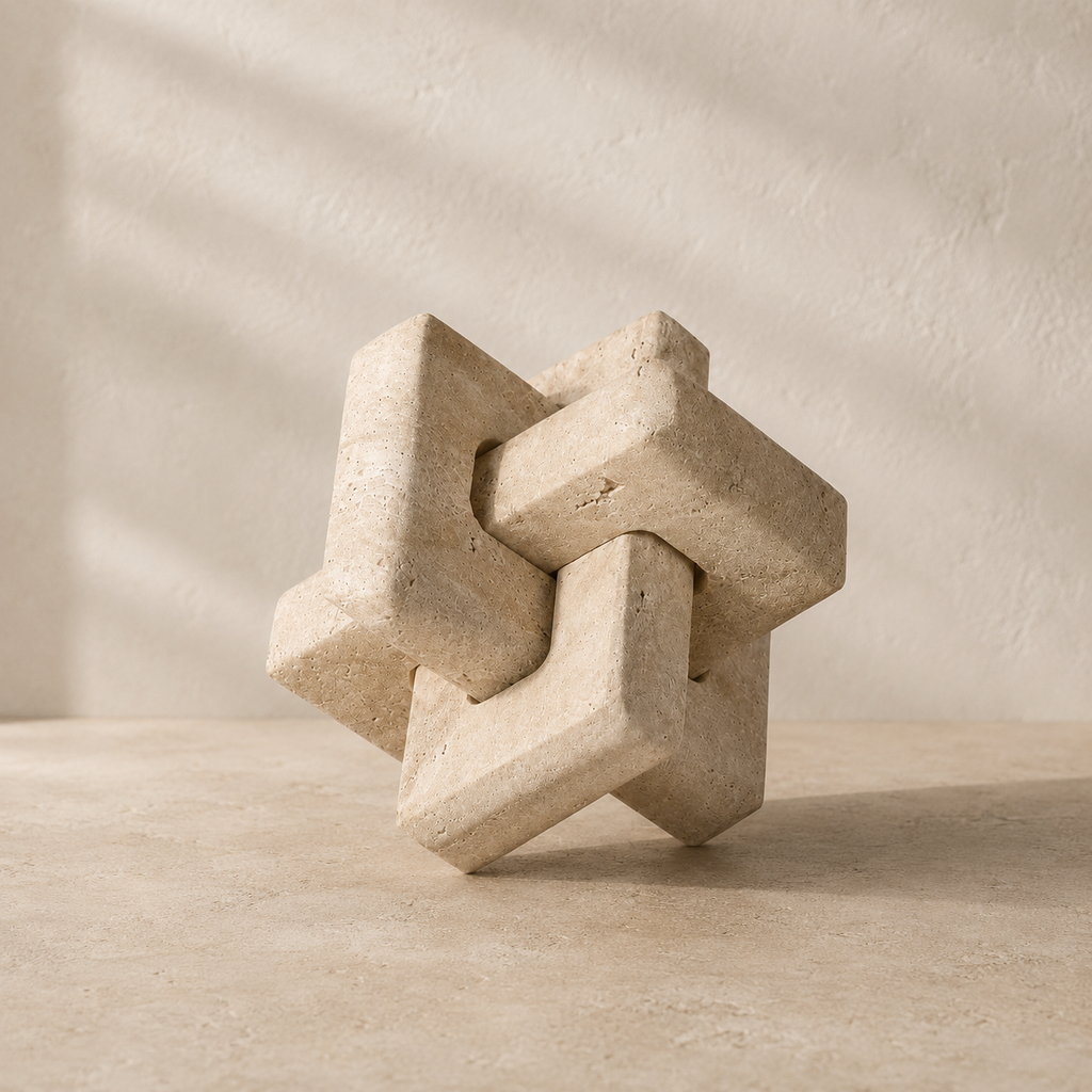 The Joint, a beige travertine Luban puzzle by Lomāe, six interlocking pieces