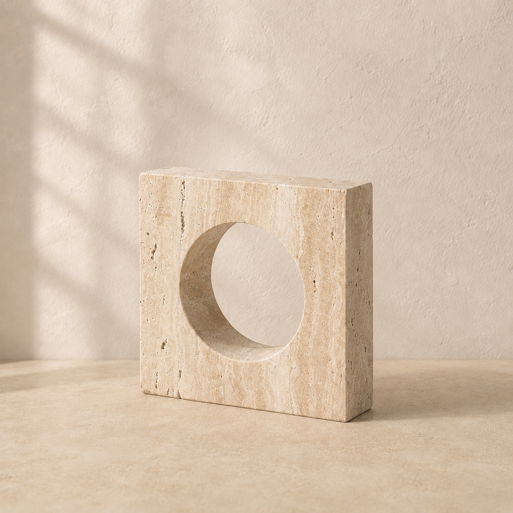 The Oculus, a yellow travertine square with a circular cutout by Lomāe