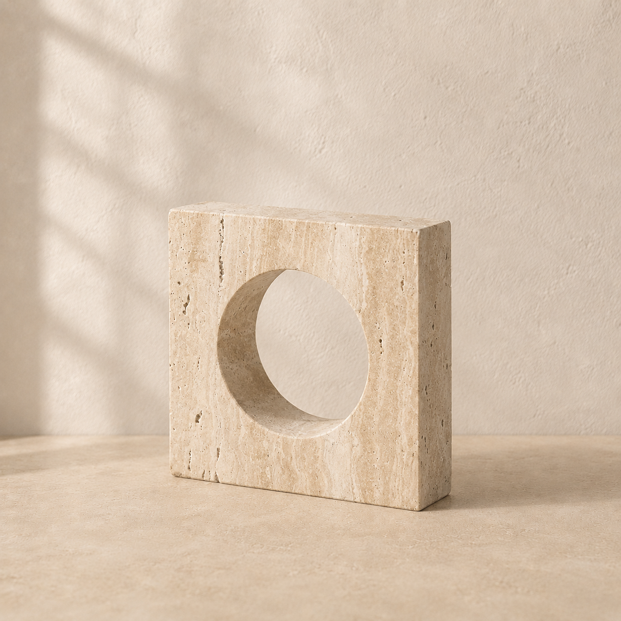 The Oculus, a yellow travertine square with a circular cutout by Lomāe
