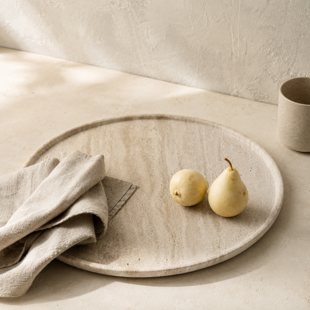 Open-pore beige travertine surface and architectural edge profile of the Cornice plate
