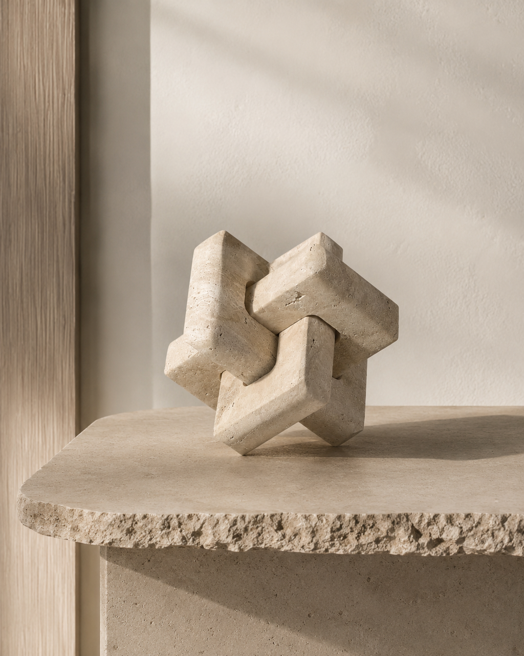 The Joint beige travertine Luban cube object on a stone plinth in soft New Zealand morning light